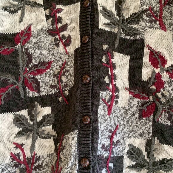 VTG Dress Barn Brown Cardigan Sweater Embroidered Floral Crewneck Grandpa Size L - Picture 4 of 12
